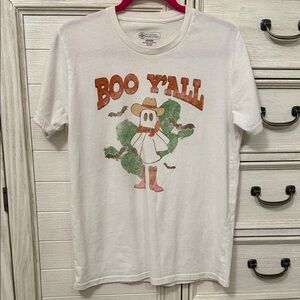 Cream Graphic Tee with “Boo Y'all” Print with Ghost, Cowboy Hat & Boots.